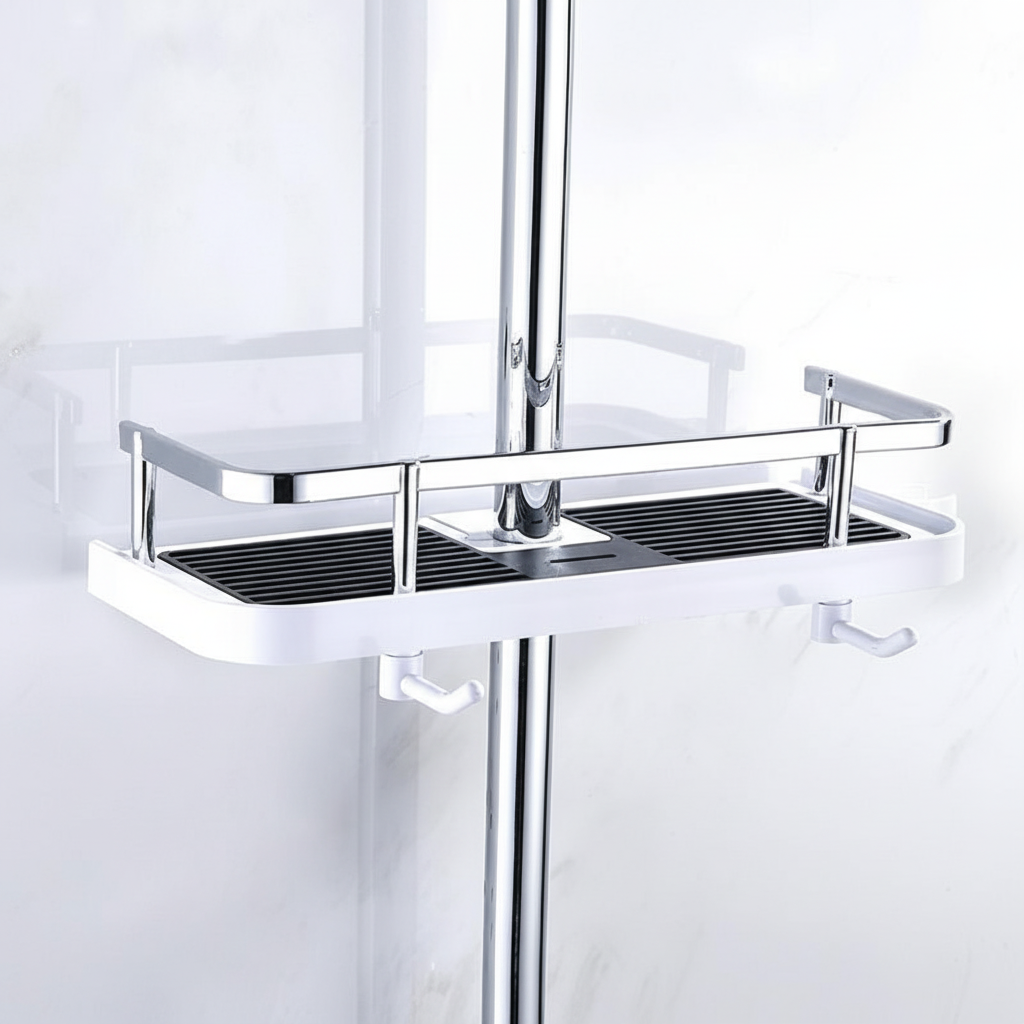 Close-up of Griplyst bathroom shower caddy on a tiled wall, showing suction cup attachment