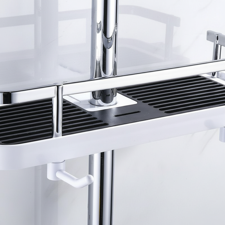 Modern bathroom with a Griplyst suction cup shower shelf holding toiletries for organization
