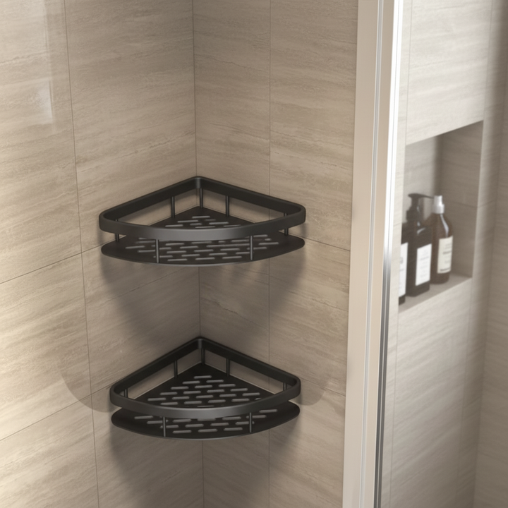 White plastic wall-mounted corner shelf, ShelfMate, for bathroom storage and organization, modern design