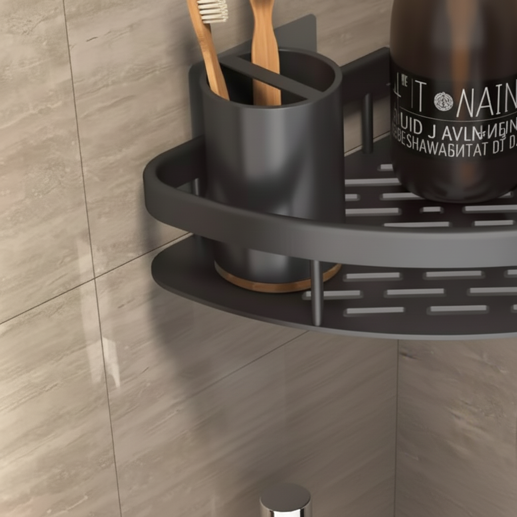 Shower storage solution: white plastic wall-mounted ShelfMate corner shelf in a modern bathroom