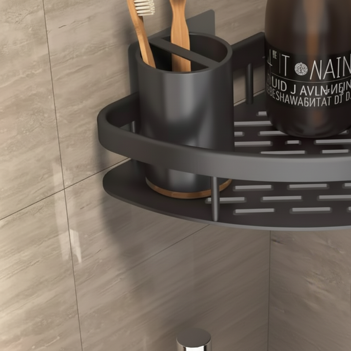 Shower storage solution: white plastic wall-mounted ShelfMate corner shelf in a modern bathroom