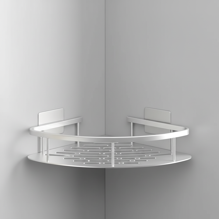 Detail view of ShelfMate, a durable plastic corner shelf, designed for wall mounting in bathrooms