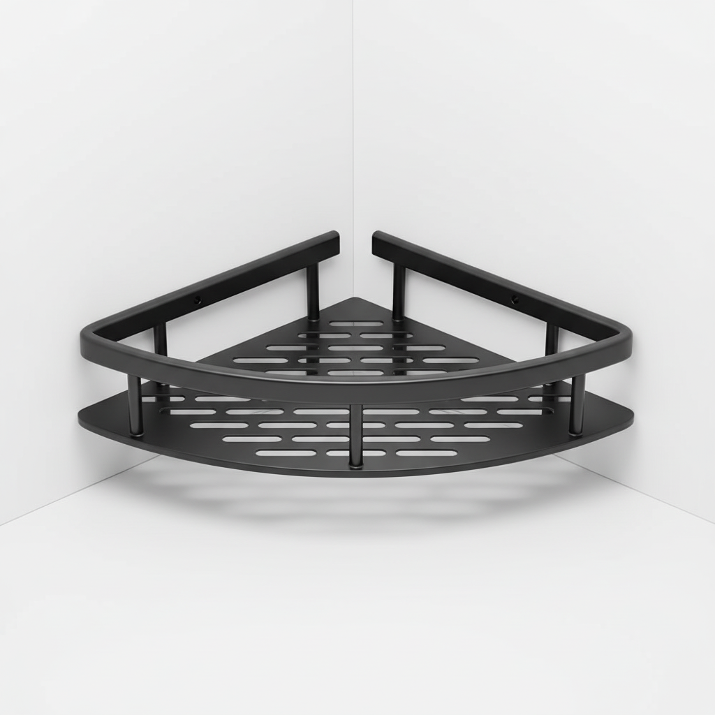 Home organization with ShelfMate: a sleek wall-mounted corner shelf, perfect for bathroom accessories