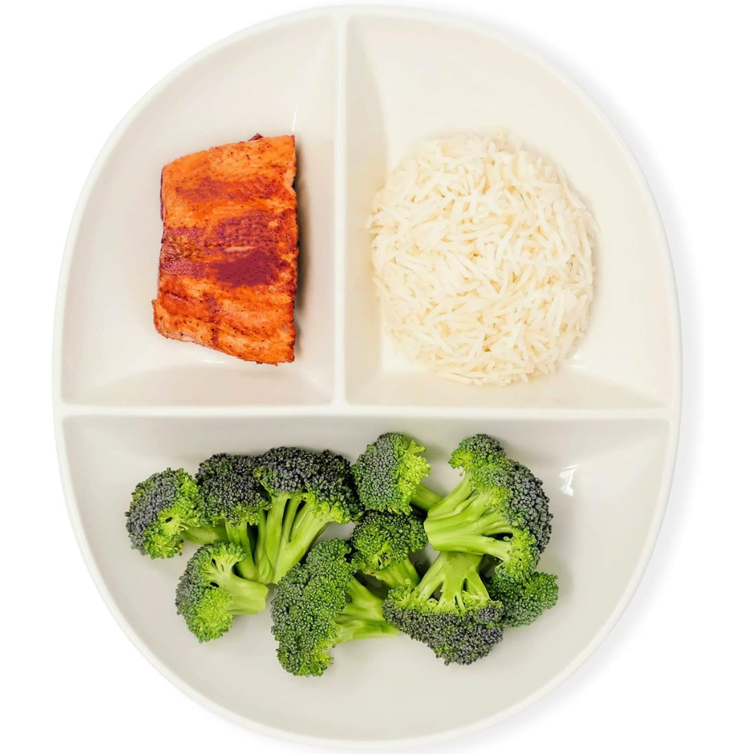 White porcelain portion control plate for adult diet management, divided sections.