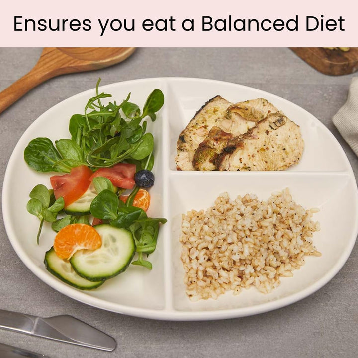 Adult's porcelain divided plate for healthy eating, ideal for weight loss & meal planning.