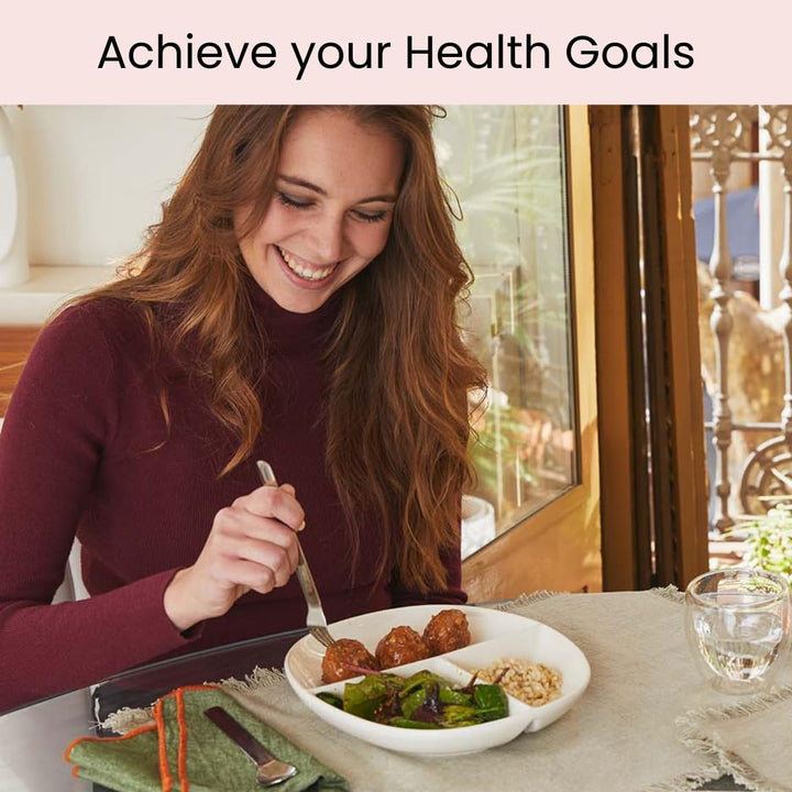 Healthy eating porcelain plate, divided for portion control and diet management.