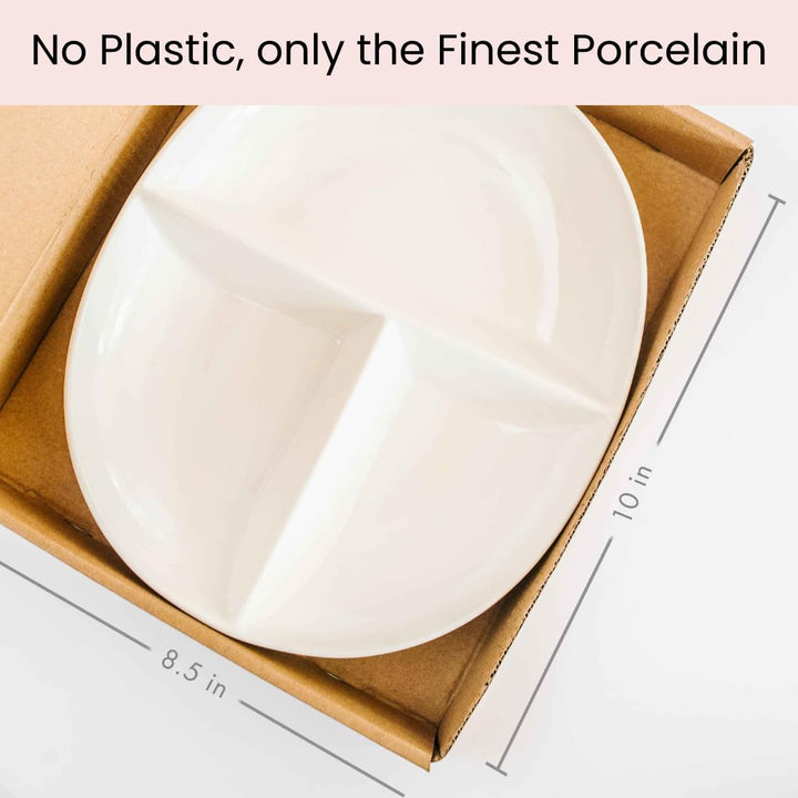 Adult's divided porcelain plate, perfect for diet management & healthy portion sizing.