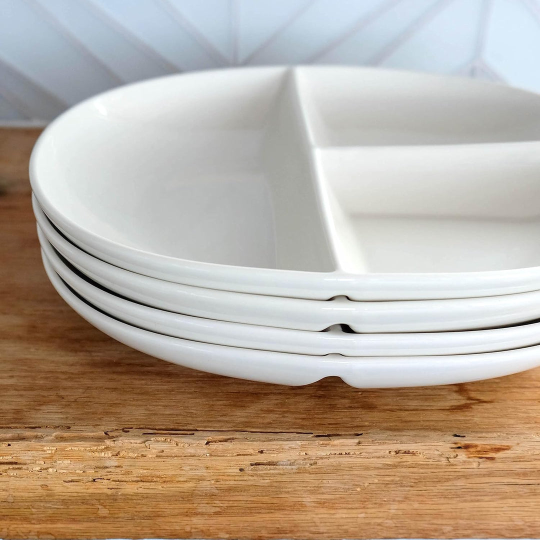 Meal planning portion control plate, durable white porcelain for healthy eating habits.