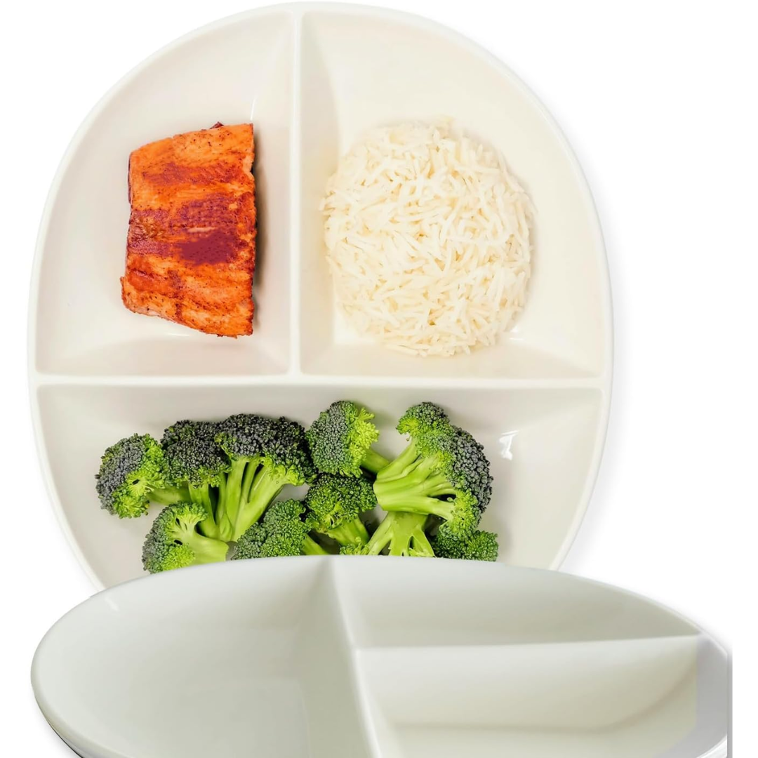 Kitchenware: Adult's white porcelain portion control plate, great for diet management & healthy living.