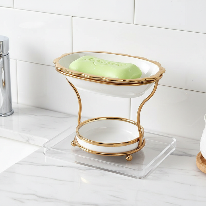White porcelain raised soap dish with quick drain design, perfect for bathroom countertops.