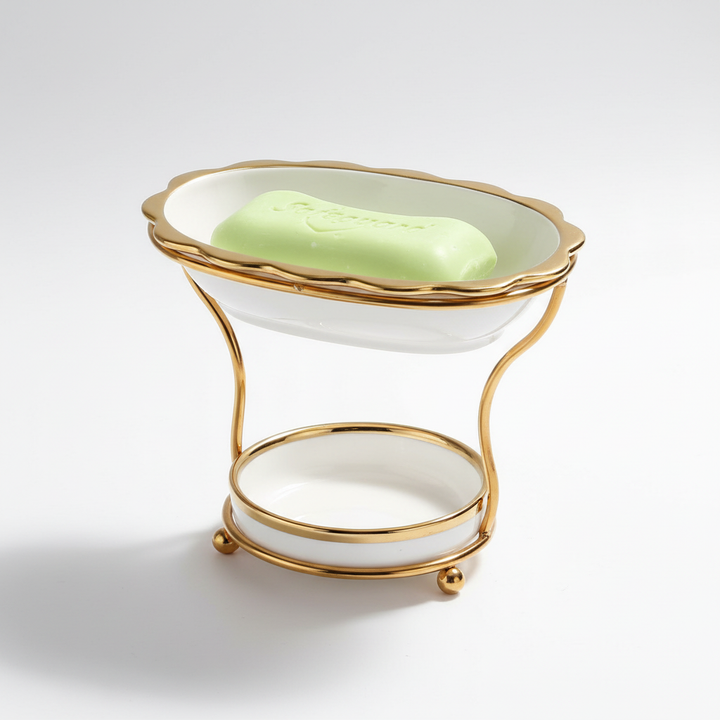 DryGrace elevated soap holder, white porcelain, ensures quick drainage for bar soap longevity.