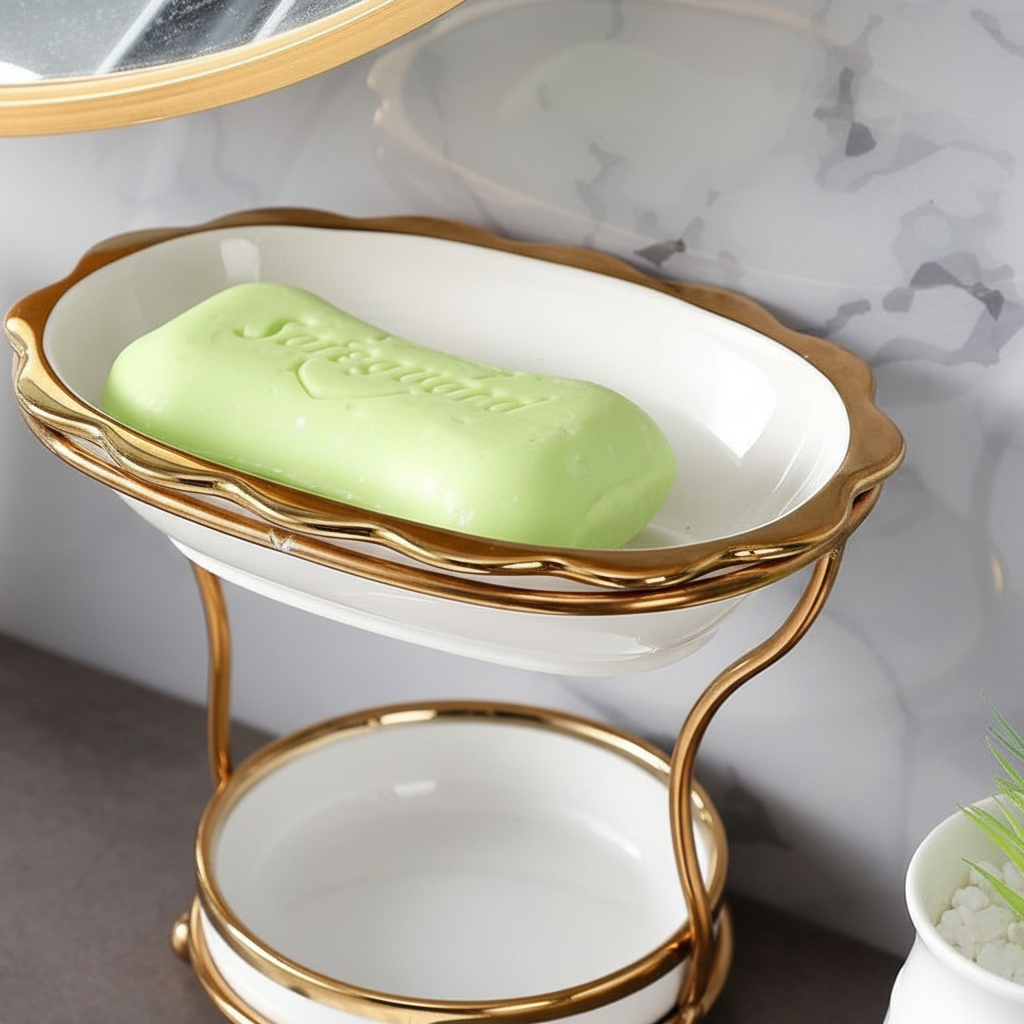 Bathroom counter soap dish, hygienic quick-dry design, white porcelain with drainage slots.