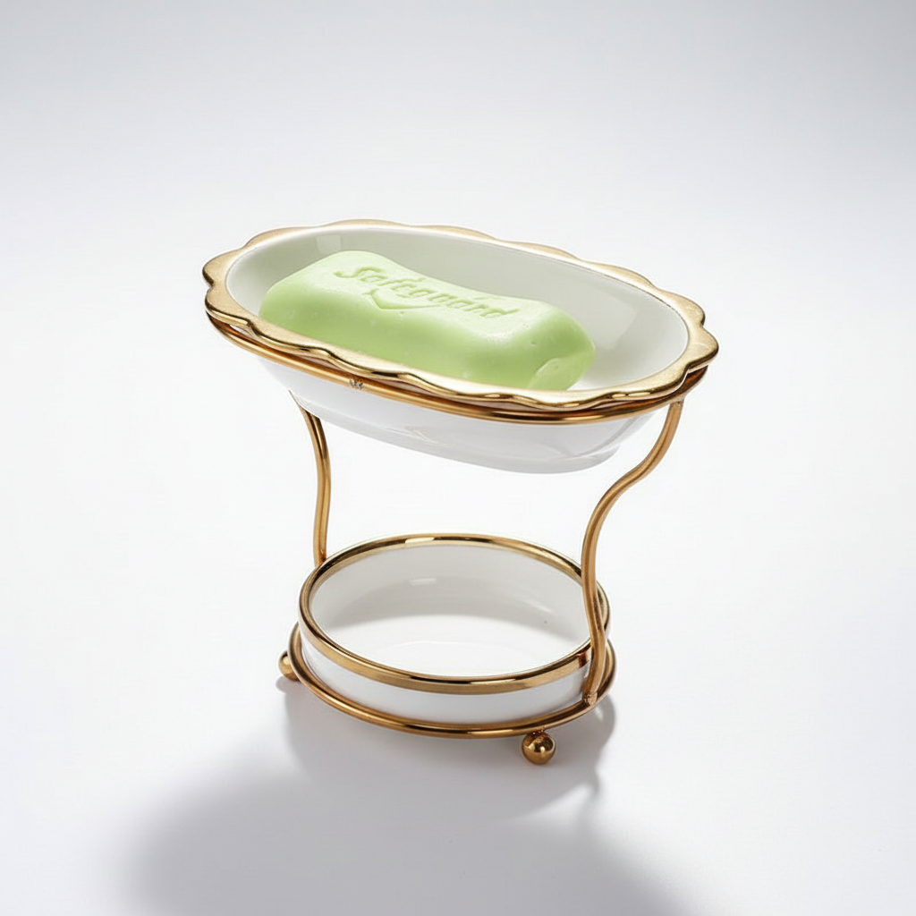 Unisex raised white porcelain soap dish for bathroom decor and efficient soap drainage.