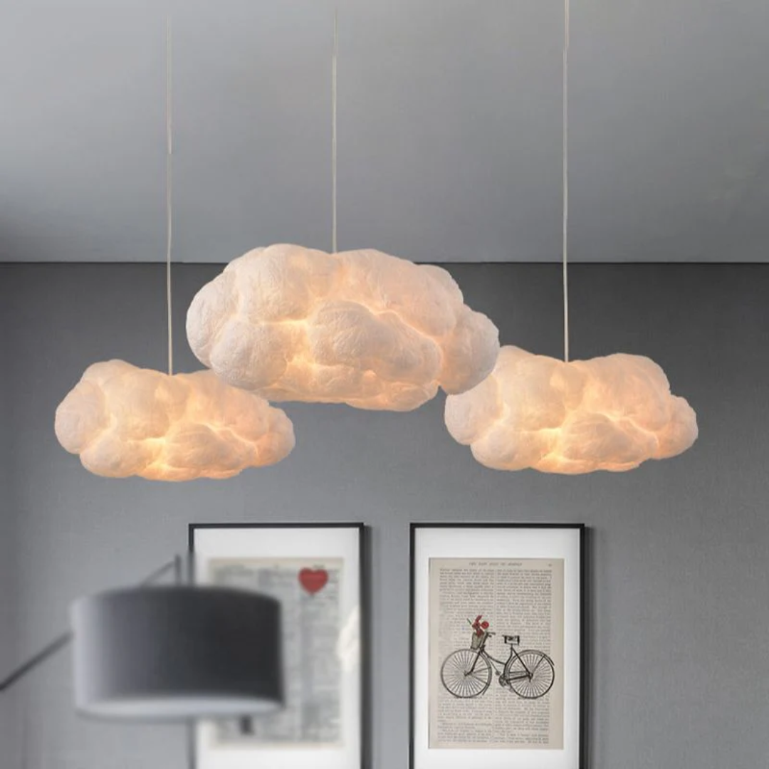 White PVC & cotton cloud LED pendant light, modern design for home decor and modern lighting.