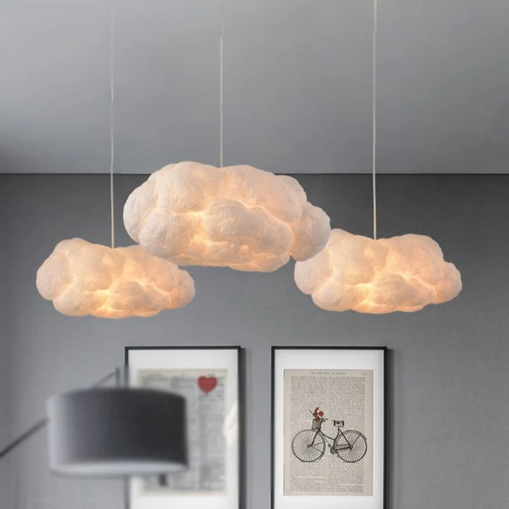 White PVC & cotton cloud LED pendant light, modern design for home decor and modern lighting.