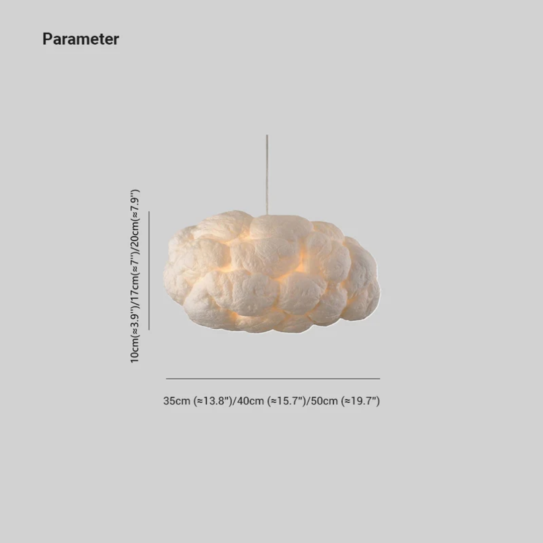Soft glow white cloud LED pendant light, PVC & cotton for serene bedroom & home lighting.