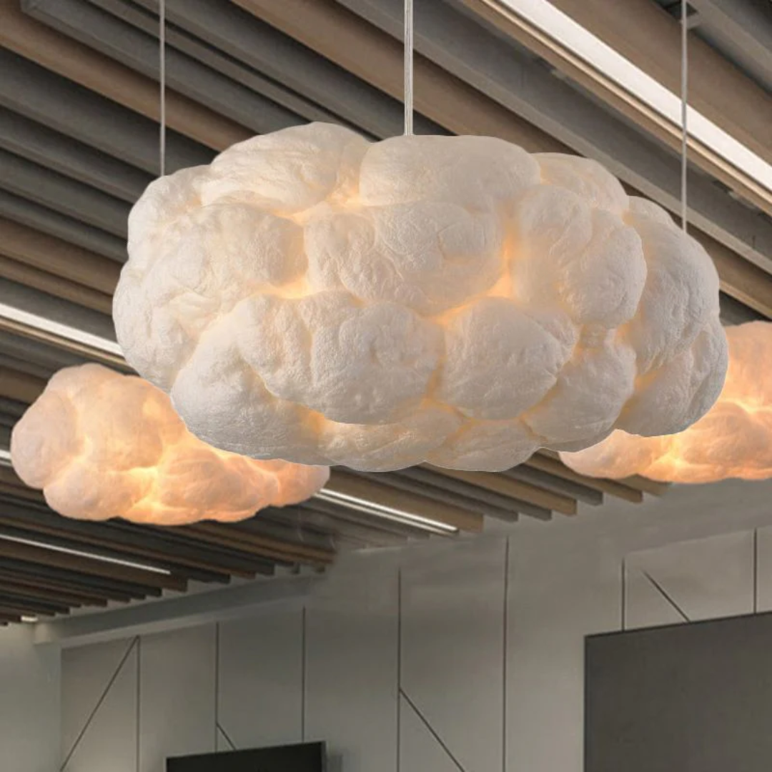 Energy-efficient LED cloud pendant light, white PVC & cotton for modern interior design.