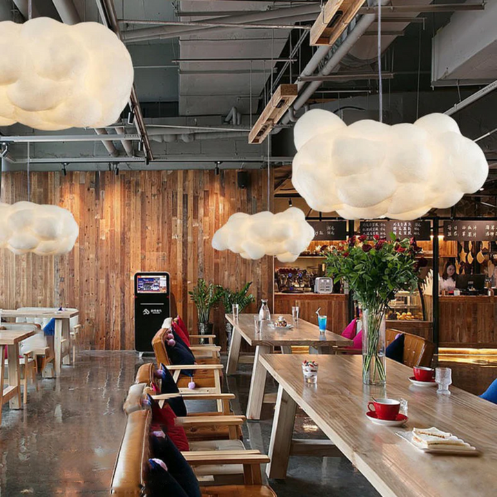 Modern white cloud LED pendant for dining room, chic PVC & cotton designer light.
