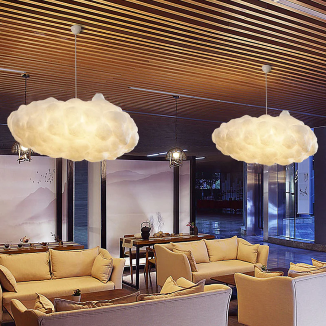 Contemporary white cloud LED pendant light, sleek PVC & cotton design for modern homes.