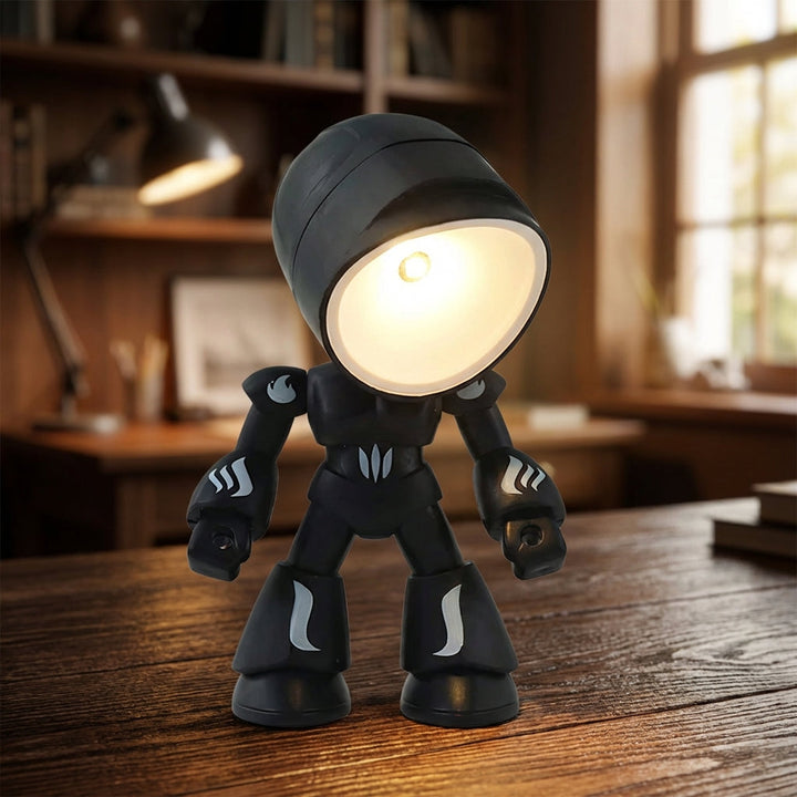 White robot bedside lamp with flexible neck, perfect for children's room reading. Luminobot LED night light.
