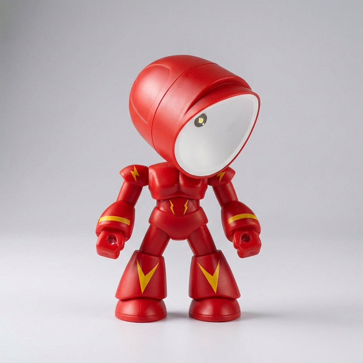 Close-up of Luminobot robot lamp, showing its friendly face and compact design for children's rooms.