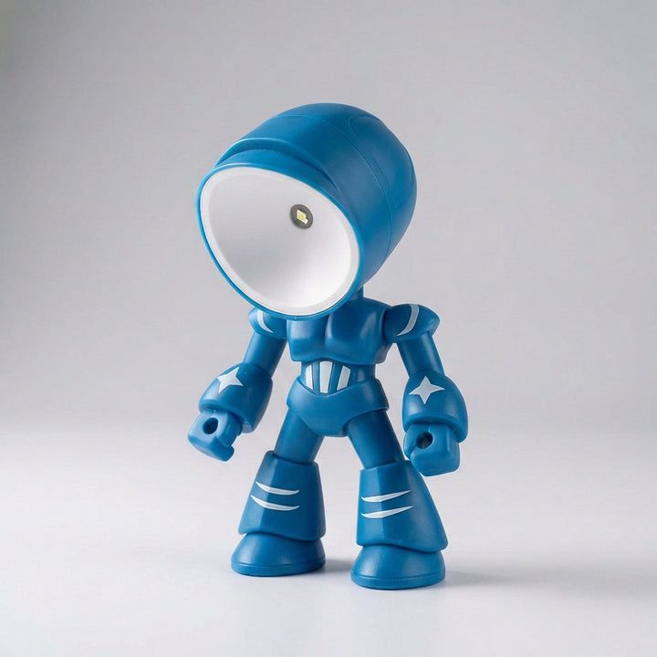 White, durable robot bedside lamp, Luminobot, designed for kids' safe use as a night light.