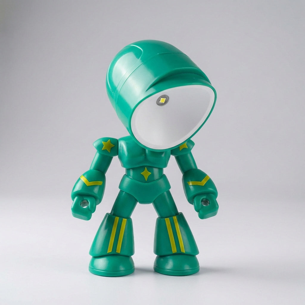 Luminobot LED reading lamp in a child's bedroom, casting a gentle glow for bedtime stories.
