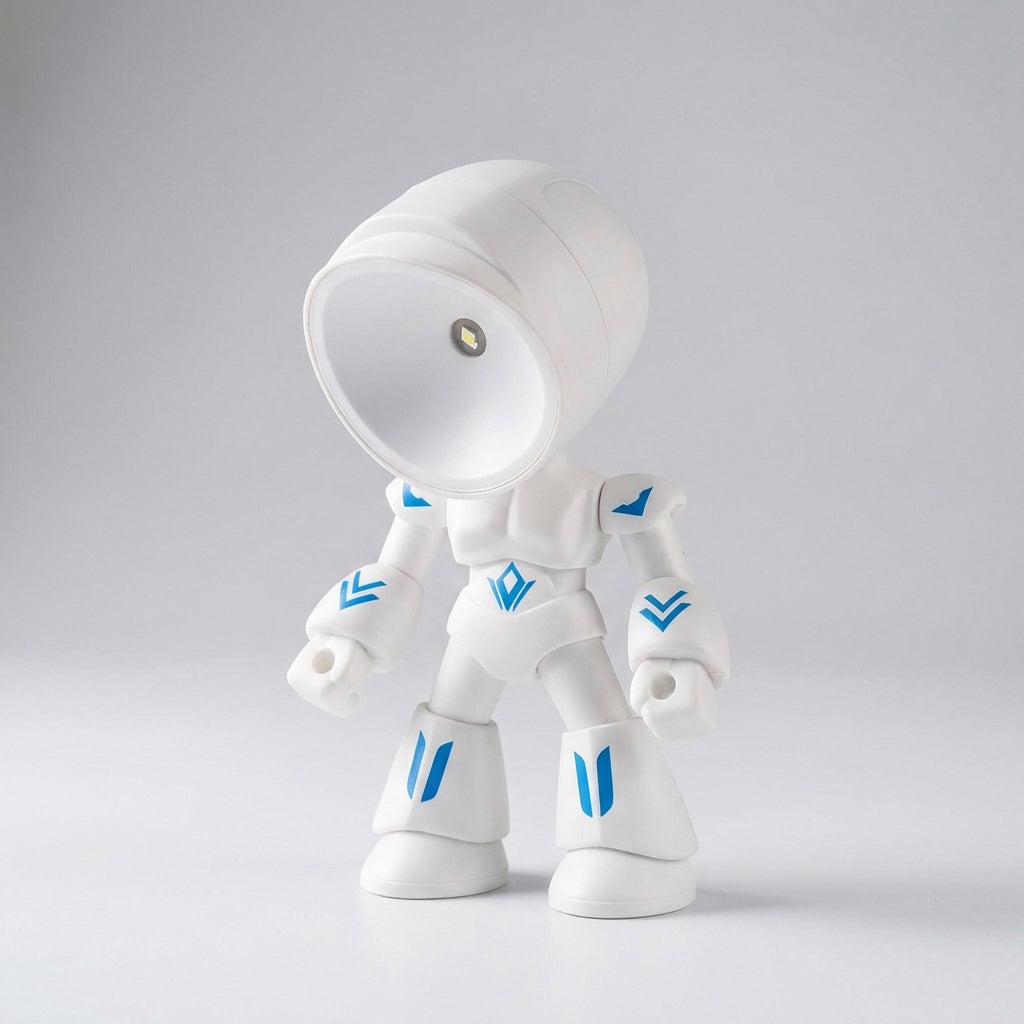 Compact Luminobot robot lamp with adjustable head, a versatile LED light for children's reading and play.