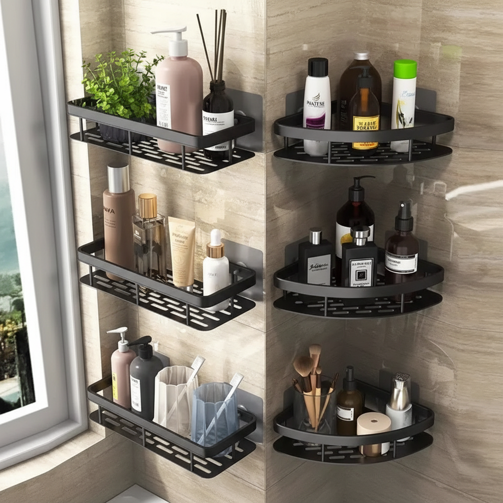 White self-adhesive bathroom shelf organizer, corner shower caddy with drain holes for toiletries storage.