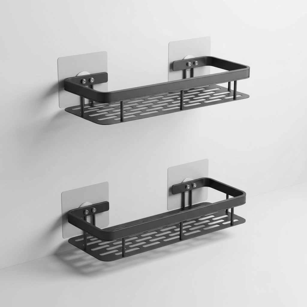 Detail view of the strong adhesive pad on a bathroom shelf organizer, ensuring secure wall mounting.