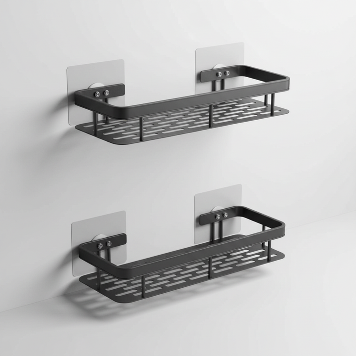 Detail view of the strong adhesive pad on a bathroom shelf organizer, ensuring secure wall mounting.
