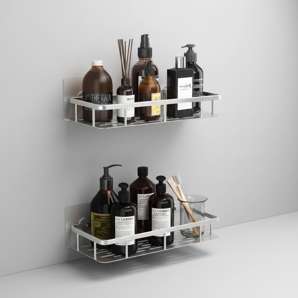 Bathroom shower caddy, self-adhesive and rust-resistant, perfect for keeping toiletries neat and accessible.