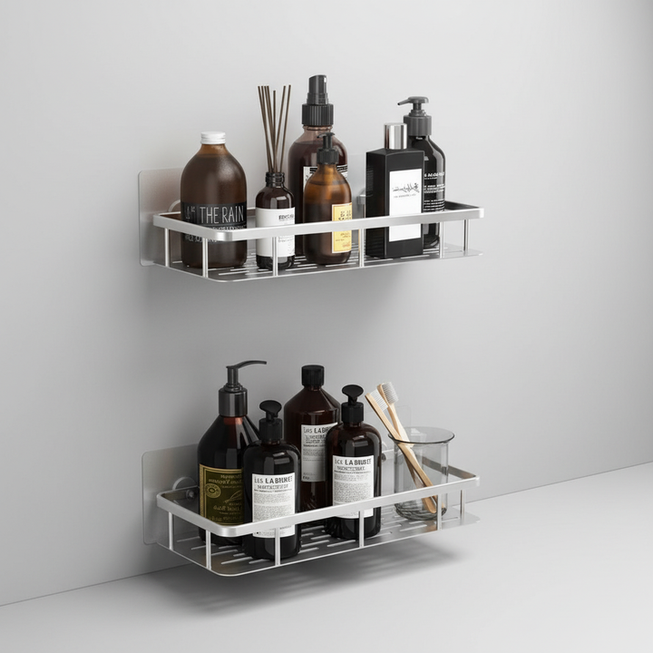 Bathroom shower caddy, self-adhesive and rust-resistant, perfect for keeping toiletries neat and accessible.