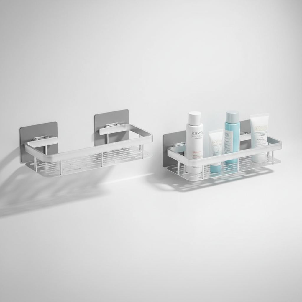 Modern bathroom organizer, a white adhesive shelf, suitable for various wall surfaces, space-saving design.