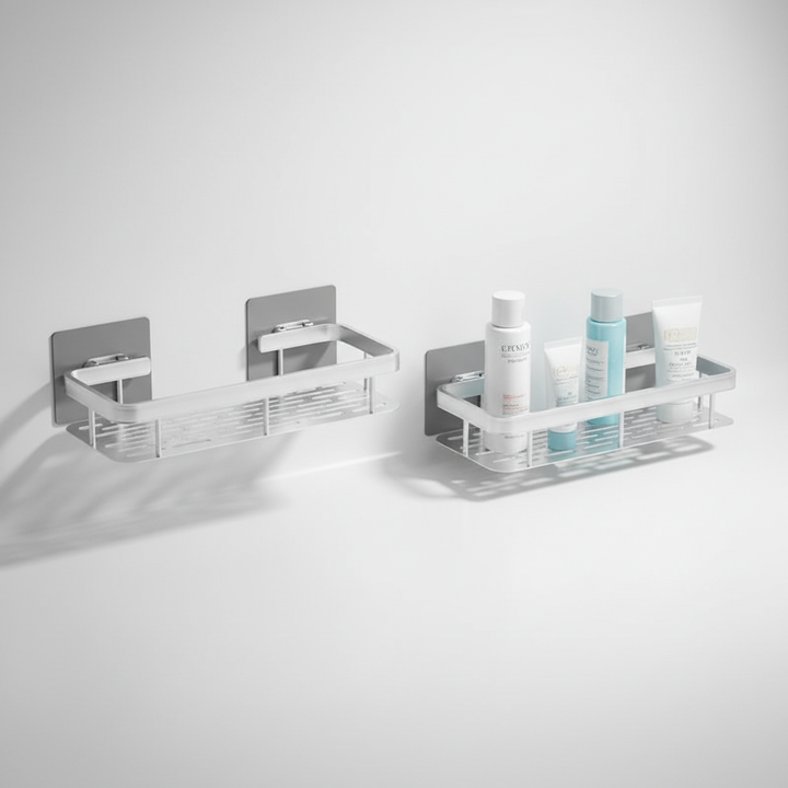 Modern bathroom organizer, a white adhesive shelf, suitable for various wall surfaces, space-saving design.