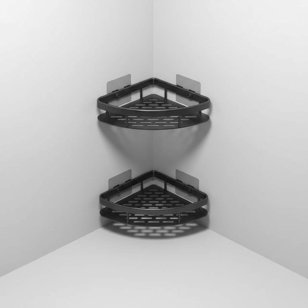 Corner bathroom shelf with strong adhesive, designed to hold multiple toiletries securely, no drilling required.