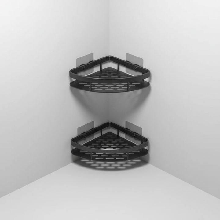 Corner bathroom shelf with strong adhesive, designed to hold multiple toiletries securely, no drilling required.