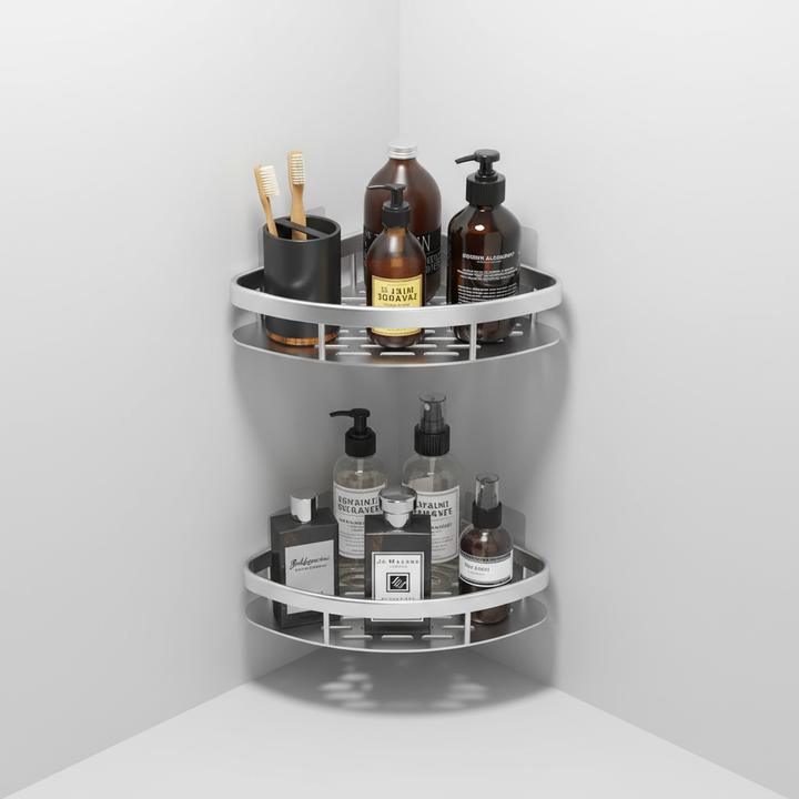 Functional wall-mounted bathroom storage unit, a self-adhesive organizer for a clutter-free and modern shower space.
