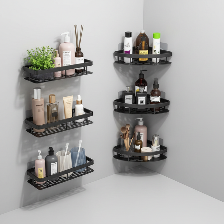 Modern no-drill bathroom shelf organizer in a shower, holding shampoo and conditioner bottles, space-saving design.