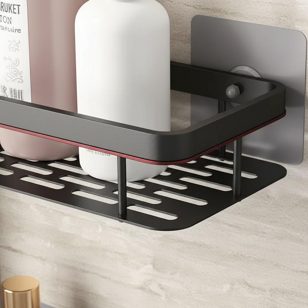Wall-mounted adhesive bathroom caddy, sleek white finish, ideal for organizing toiletries without drilling.