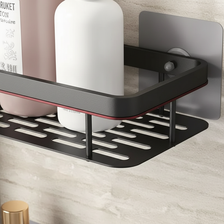 Wall-mounted adhesive bathroom caddy, sleek white finish, ideal for organizing toiletries without drilling.