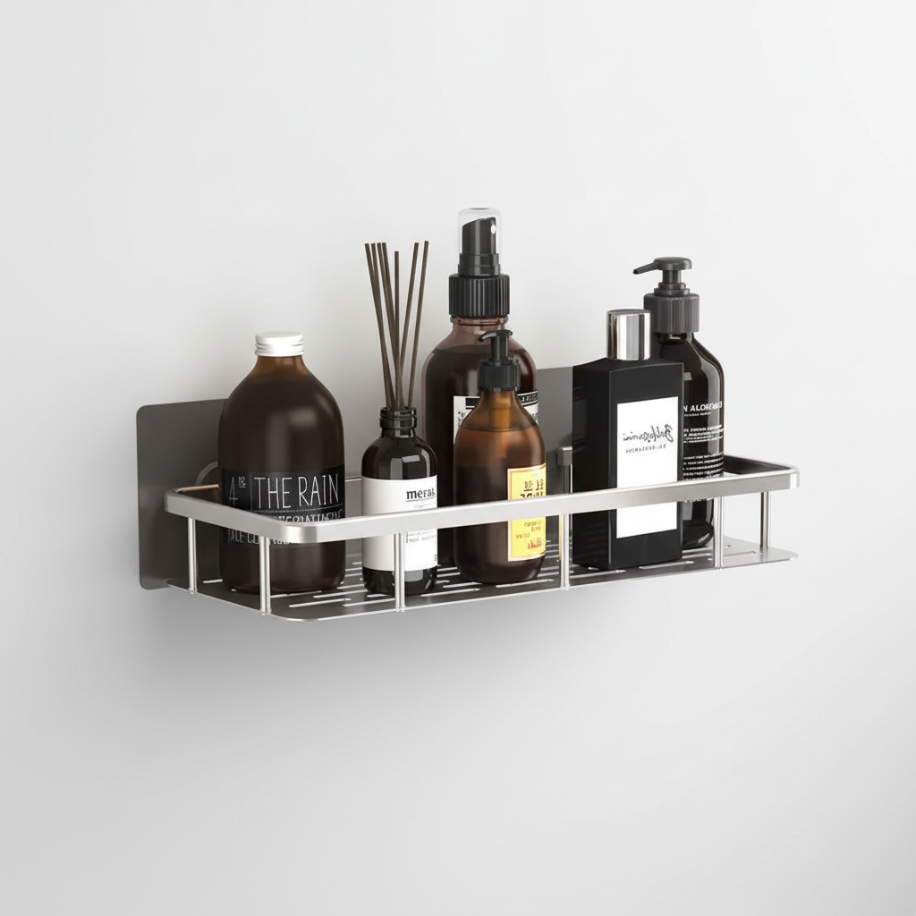 Stylish white no-drill bathroom storage shelf, designed for corner mounting, maximizing space in modern bathrooms.