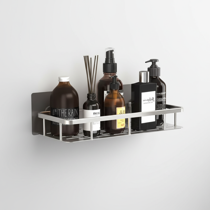 Stylish white no-drill bathroom storage shelf, designed for corner mounting, maximizing space in modern bathrooms.