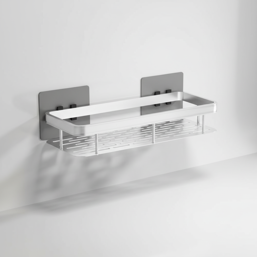 Square self-adhesive bathroom shelf, shown empty, highlighting its modern design and easy no-drill installation.