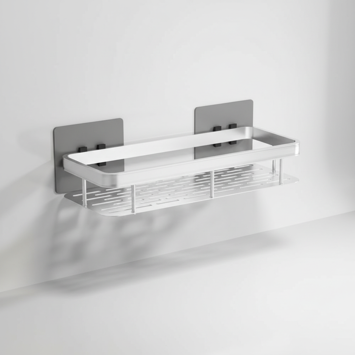 Square self-adhesive bathroom shelf, shown empty, highlighting its modern design and easy no-drill installation.