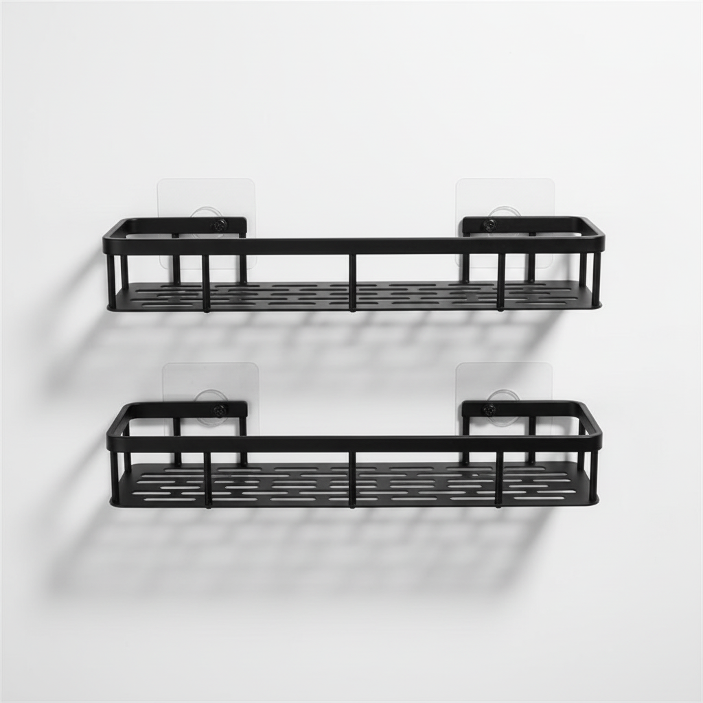Two self-adhesive bathroom shelf organizers stacked, demonstrating versatile storage solutions for bath products.