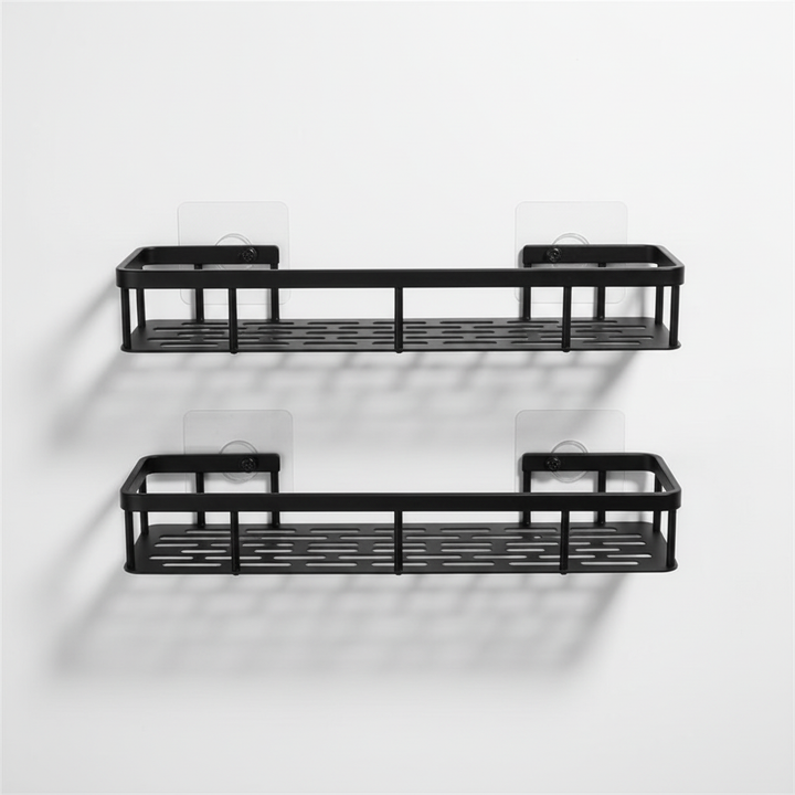 Two self-adhesive bathroom shelf organizers stacked, demonstrating versatile storage solutions for bath products.