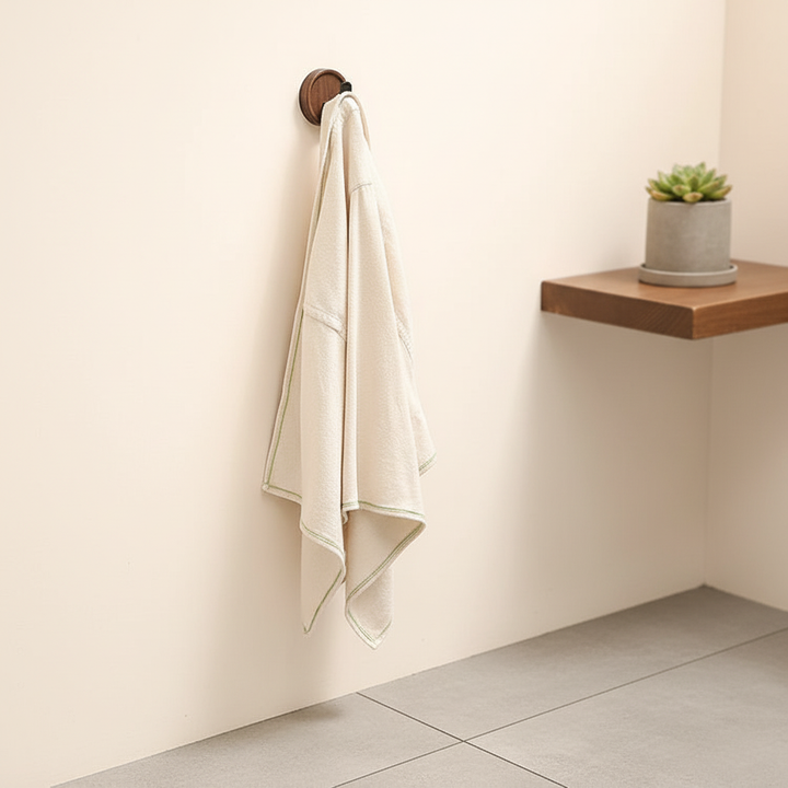 White self-adhesive wall hooks, great for tool-free home organization in bathroom or kitchen