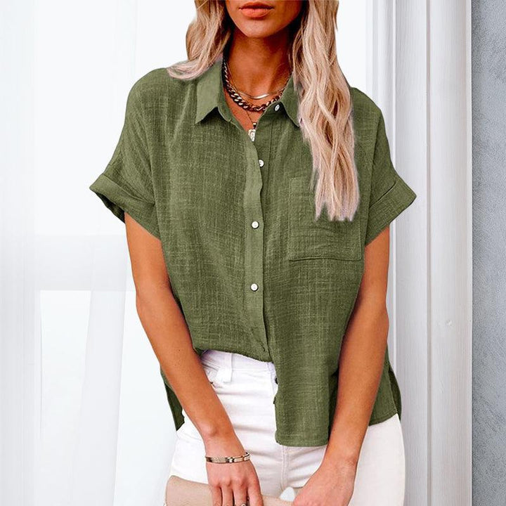 Summer fashion women's short sleeve blouse, a button-up style in a breathable lightweight material.