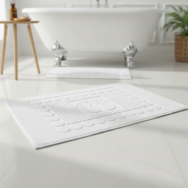 White SoftStepMat non-slip bath mat, made from absorbent cotton, in a modern bathroom setting